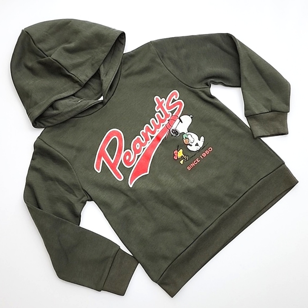 Peanuts Youth's Pullover Hoodie Green Snoopy & Woodstock Print S